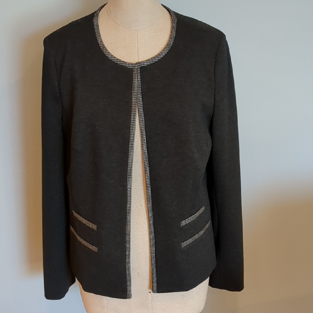 NWT Talbot's Women's Luxe Italian Knit charcoal grey w/houndstooth trim blazer